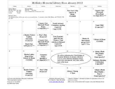 McKinley Memorial Library News January 2015 Sunday Monday  Library Hours: