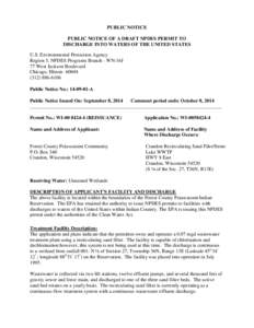Public notice of Draft NPDES Permit for Crandon Recirculating Sand Filter/Stone Lake - Forest County Potawatomi Community - September 2014