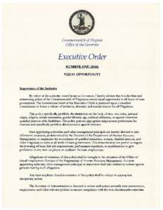 Commonwealth of Virginia   Office of the Governor Executive Order