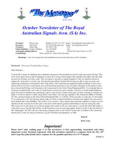 (0f the Gods)  October Newsletter of The Royal Australian Signals Assn. (SA) Inc. President: Bruce Long