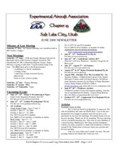 JUNE 2009 NEWSLETTER Minutes of Last Meeting th Saturday 9 May - the Chapter Meeting was a breakfast held at Bill Letcher’s hanger.