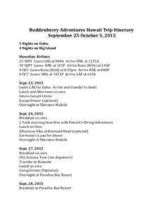    Roddenberry	
  Adventures	
  Hawaii	
  Trip	
  Itinerary	
    September	
  25-­‐‑October	
  5,	
  2015	
   5	
  Nights	
  on	
  Oahu	
   4	
  Nights	
  on	
  Big	
  Island	
  
