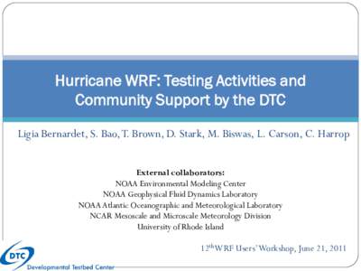 Hurricane WRF: Testing Activities and Community Support by the DTC Ligia Bernardet, S. Bao, T. Brown, D. Stark, M. Biswas, L. Carson, C. Harrop External collaborators: NOAA Environmental Modeling Center NOAA Geophysical 
