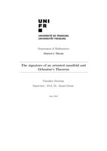 Department of Mathematics Master’s Thesis The signature of an oriented manifold and Ochanine’s Theorem