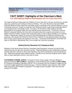 !  FACT SHEET: Highlights of the Chairman’s Mark! H.R[removed]National Defense Authorization Act For Fiscal Year 2015!  !