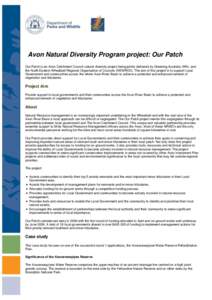 Avon Natural Diversity Program project: Our Patch Our Patch is an Avon Catchment Council natural diversity project being jointly delivered by Greening Australia (WA), and the North Eastern Wheatbelt Regional Organisation