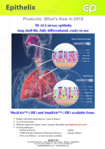 Products: What’s New in 2018 3D ALI airway epithelia long shelf-life, fully differentiated, ready-to-use MucilAir™ (-HF) and SmallAir™ (-HF) available from: 