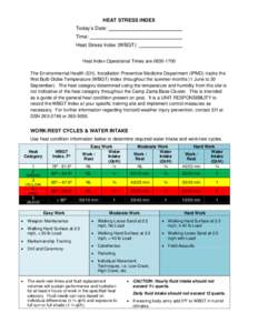 HEAT STRESS INDEX Today’s Date: Time: Heat Stress Index (WBGT): Heat Index Operational Times areThe Environmental Health (EH), Installation Preventive Medicine Department (IPMD) tracks the
