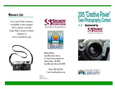 Winners List For a list of the winners, available in late August 2015, please visit the Cape May County Library website at