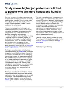 Study shows higher job performance linked to people who are more honest and humble