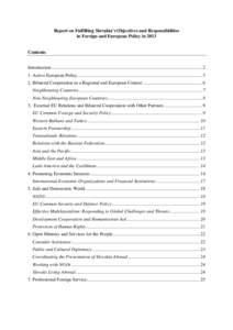 Report on Fulfilling Slovakia’s Objectives and Responsibilities in Foreign and European Policy in 2013 Contents Introduction .............................................................................................
