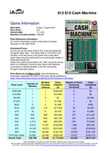 812 $10 Cash Machine Game Information Start Date: Price Point: Overall odds: Quantity of tickets printed:
