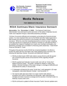Media Release - NCUA Continues Share Insurance Outreach