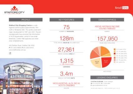 PROFILE Stafford City Shopping Centre is a subregional centre located approximately 7km north of Brisbane CBD. The centre underwent major development in 1997 andRecent developments have included the introduction o