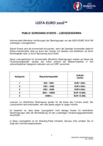 UEFA EURO 2016™ PUBLIC SCREENING EVENTS – LIZENZGEBÜHREN Kommerzielle öffentliche Vorführungen der Übertragungen von der UEFA EURO 2016 TM unterliegen Lizenzgebühren. Solche Events sind als kommerziell einzustuf