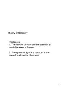  Theory of Relativity  Postulates: 1. The laws of physics are the same in all  inertial reference frames 2. The speed of light in a vacuum in the 