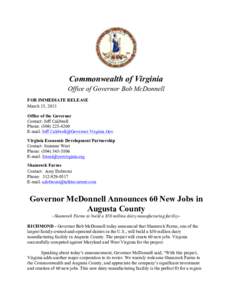 Commonwealth of Virginia Office of Governor Bob McDonnell FOR IMMEDIATE RELEASE March 15, 2013 Office of the Governor Contact: Jeff Caldwell