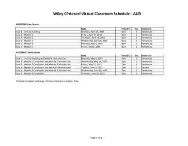 Wiley CPAexcel Virtual Classroom Schedule - AUD AUDITING Cram Course class 1 - Intro to Auditing class 2 - Module 1 class 3 - Module 2 class 4 - Module 3