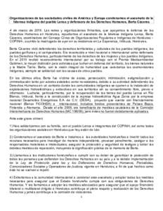 !  Organizaciones de las sociedades civiles de América y Europa condenamos el asesinato de la lideresa indígena del pueblo Lenca y defensora de los Derechos Humanos, Berta Cáceres 4 de marzo deLas redes y organ