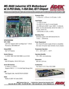 MS-98A9 Industrial ATX Motherboard w/ 5-PCI Slots, 1-ISA Slot, Q77 Chipset Embedded Ivy Bridge, On-Board VGA, DVI-D, HD Audio, Serial ATA, Dual LANs Expansion Slots 1 x PCIe x16, 1 x PCIe x4, 5 x PCI slots, 1 x ISA Input