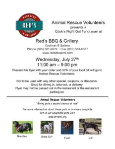 Animal Rescue Volunteers presents a Cook’s Night Out Fundraiser at Red’s BBQ & Grillery Cochran & Galena