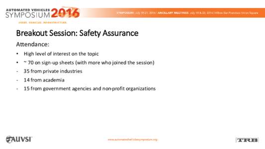 Breakout Session: Safety Assurance Attendance: • High level of interest on the topic • ~ 70 on sign-up sheets (with more who joined the session) -