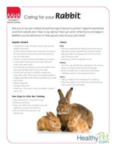 Caring for your  Rabbit Did you know pet rabbits should be kept indoors to protect against predators, and that rabbits don’t like to be alone? Find out what other facts and responsibilities you should know to take good