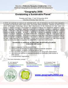 Become a Welcome Reception Underwriter of the American Geographical Society’s 2016 Fall Symposium “Geography 2050: Envisioning a Sustainable Planet” Thursday and Friday, 17 and 18 November 2016