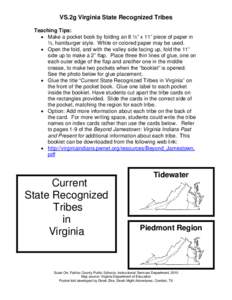 VS.2g Virginia State Recognized Tribes Teaching Tips: • Make a pocket book by folding an 8 ½” x 11” piece of paper in ½, hamburger style. White or colored paper may be used. • Open the fold, and with the valley