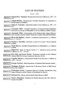 LIST OF POSTERS January 2, 2004 Spectra 1 Sangsu Ryu, Multiplicity Measurement From dAu Collisions at sNN