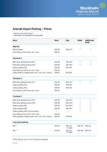 Arlanda Airport Parking – Prices * Price per hour portion thereof. ** Reservation via arlandaairport.se (day/week) Area