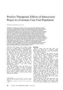 Positive Therapeutic Effects of Intercessory Prayer in a Coronary Care Unit Population