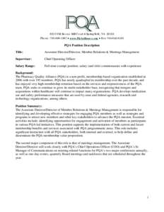 6213 Old Keene Mill Court ♦ Springfield, VAPhone:  ♦ www.PQAalliance.org ♦ Fax: PQA Position Description Title: