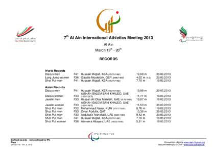 7th Al Ain International Athletics Meeting 2013 Al Ain March 19th - 20th RECORDS World Records Discus men
