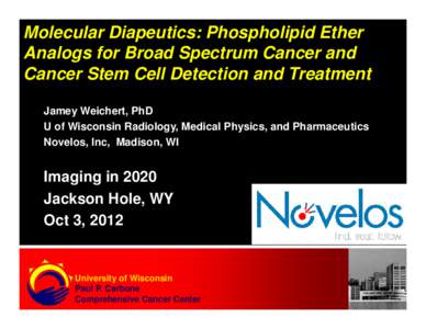 Molecular Diapeutics: Phospholipid Ether Analogs for Broad Spectrum Cancer and Cancer Stem Cell Detection and Treatment Jamey Weichert, PhD U of Wisconsin Radiology, Medical Physics, and Pharmaceutics Novelos, Inc, Madis