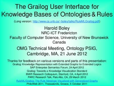 The Grailog User Interface for Knowledge Bases of Ontologies & Rules (Long version: http://www.cs.unb.ca/~boley/talks/RuleMLGrailog.pdf) Harold Boley NRC-ICT Fredericton