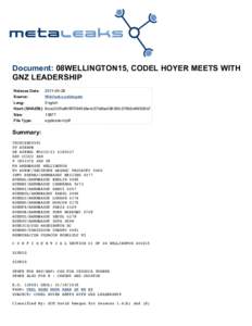 Document: 08WELLINGTON15, CODEL HOYER MEETS WITH GNZ LEADERSHIP Release Date: Source: Lang: Hash (SHA256):