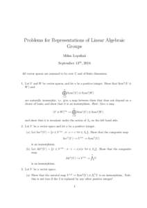 Problems for Representations of Linear Algebraic Groups Milan Lopuha¨a September 13th , 2016 All vector spaces are assumed to be over C and of finite dimension. 1. Let V and W be vector spaces, and let n be a positive i