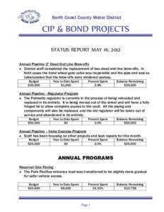 North Coast County Water District  CIP & BOND PROJECTS STATUS REPORT MAY 16, 2012 Annual Pipeline 2” Dead End Line Blow-offs  District staff completed the replacement of two dead end line blow-offs. In