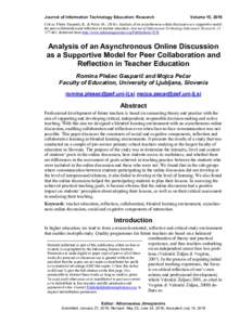 Analysis of an Asynchronous Online Discussion as a Supportive Model for Peer Collaboration and Reflection in Teacher Education