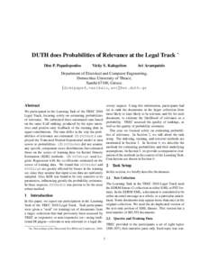 DUTH does Probabilities of Relevance at the Legal Track ∗ Dim P. Papadopoulos Vicky S. Kalogeiton  Avi Arampatzis