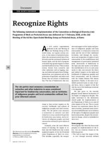 Document Civil SOCiEty StAtEMEnt Recognize Rights the following statement on implementation of the Convention on Biological Diversity (CBD) Programme of Work on Protected Areas was delivered on 11 February 2008, at the 2