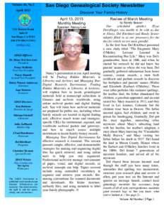 Volume 46, No.3 April 2013 San Diego Genealogical Society Newsletter Discover Your Family History April 13, 2013