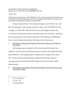 SECURITIES AND EXCHANGE COMMISSION (Release No; File No. SR-NYSEMKTApril 9, 2015 Self-Regulatory Organizations; NYSE MKT LLC; Notice of Filing and Immediate Effectiveness of Proposed Rule Change Modif