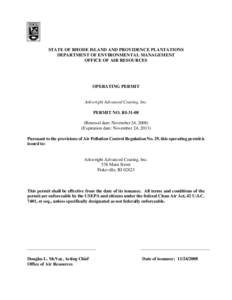 STATE OF RHODE ISLAND AND PROVIDENCE PLANTATIONS DEPARTMENT OF ENVIRONMENTAL MANAGEMENT OFFICE OF AIR RESOURCES OPERATING PERMIT