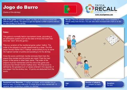 Jogo do Burro (Game of the donkey) www.recallgames.com Aim of the game:To toss the “malha” (or disk) on to a board marked with different point values. The goal is to get the highest number of points without the disk 