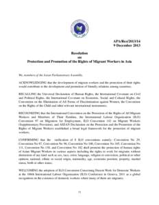 APA/ResDecember 2013 Resolution on Protection and Promotion of the Rights of Migrant Workers in Asia