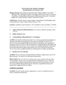 West Contra Costa Advisory Committee  Meeting Minutes, 24, February, 2012  Members Present: Janet Abelson, Chair (El Cerrito); William Wilkins, Vice­Chair  (Hercules); Roy Swearingen, (Pinole); 