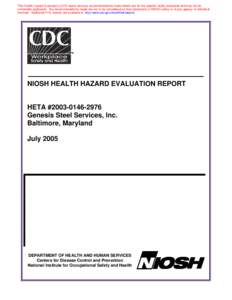 HHE Report No. HETA[removed], Genesis Steel Services, Inc., Baltimore, Maryland