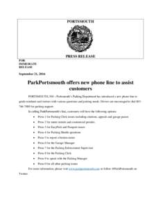 PORTSMOUTH  PRESS RELEASE FOR IMMEDIATE RELEASE